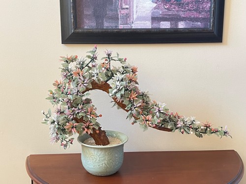 Vintage Large Chinese Jade Quartz Stone Glass Bonsai Tree Celadon Pot 29" - Picture 4 of 5