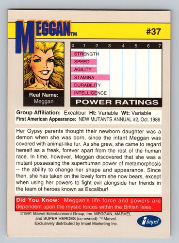 1991 Impel Marvel Universe Series 2 #37 Meggan Trading Card MCU Excalibur - Picture 2 of 2