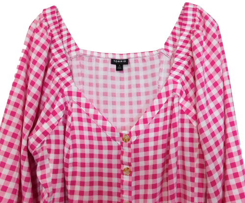 Top Gingham Torrid 3 Fit Svasato Rosa Bianco 3X Elasticizzato Rayon Bottone Manica 3/4 - Foto 4 di 8
