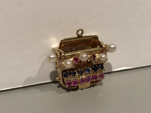 Vintage 14K Yellow Gold Typewriter Charm Pearl Ruby Sapphire Bracelet Charm RARE - Picture 2 of 10