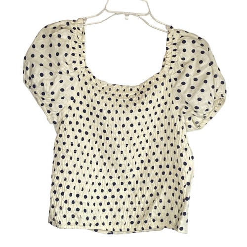 Monteau LA Ivory Navy Blue Dots Button Front Fitted Top XL Juniors Rayon Linen - Picture 2 of 4