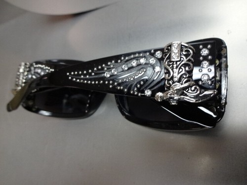 New WESTERN Bling Rhinestone COWGIRL SUN GLASSES Black Frame Silver Boot Concho - Picture 8 of 8