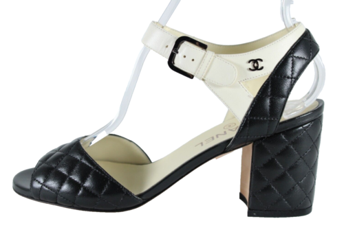 CHANEL 16P Black Quilted Leather & White Leather CC Logo Block Heel Sandals 38
