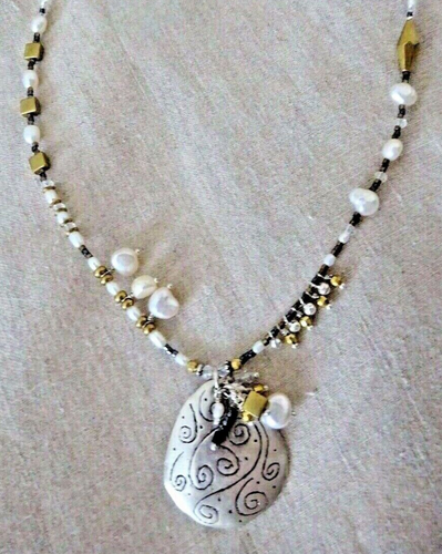 SILPADA Sterling Silver Pearl Brass DOWN TO EARTH Pendant Necklace N3118 - 第 3/12 張圖片