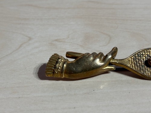 Antique Hand Holding Tennis Racquet + Ball Gold Tone Brooch Victorian RD Number - Picture 6 of 13