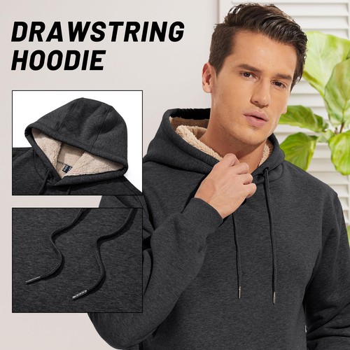 Men's Pullover Hoodie Thick Sherpa Lined Front Pocket Warm Fleece Sweatshirts - Picture 3 of 39