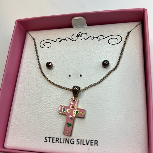 Cute Earring & Necklace Set, Bronze Studs, Pink Cross Necklace, NWT!! - Picture 3 of 5