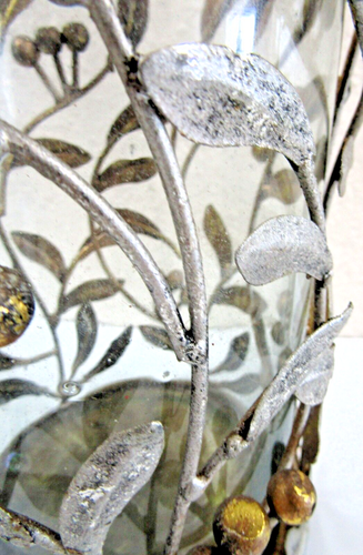 Iron and Glass Silver Leaves and Gold Berries 8 1/4" Tall Pillar Candle Holder - Picture 6 of 9
