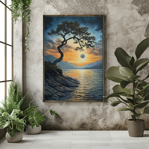 Beautiful Sunset Over Ocean Oil Painting Wall Art Print On Canvas Artprint - Picture 2 of 3