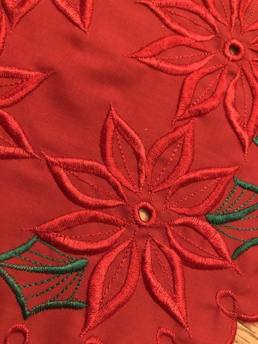 Red Table Topper with poinsettias embroidered, round, new 8 inches - Picture 2 of 4