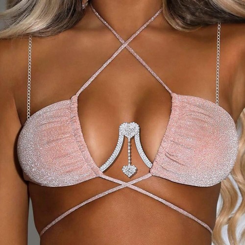 Silver Luxury Bling Body Jewelry Bra, Heart Tassel Chest Lingerie Rhinestone - Picture 3 of 13