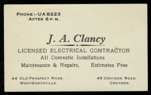 Vintage Business card - J. A. Clancy Electrical Contractor, Croydon N.S.W. - Bild 1 von 2