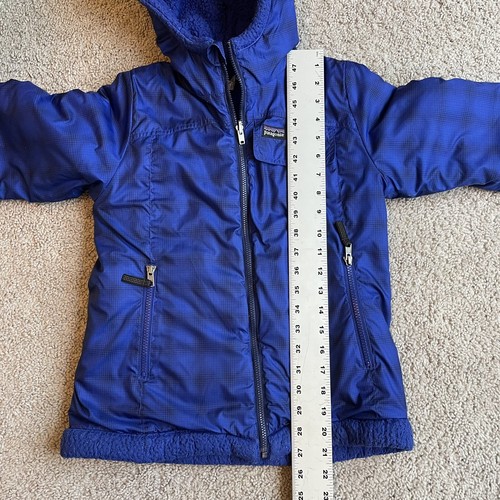 Patagonia Reversible Coat Youth Girls Sz 7-8 M Logo Hood Blue Purple Plaid Flaws - Picture 15 of 16