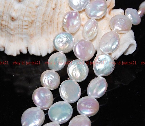 Genuine 11-12mm Natural White Coin Freshwater Cultured Pearl Loose Beads 15Inch - Picture 11 of 12