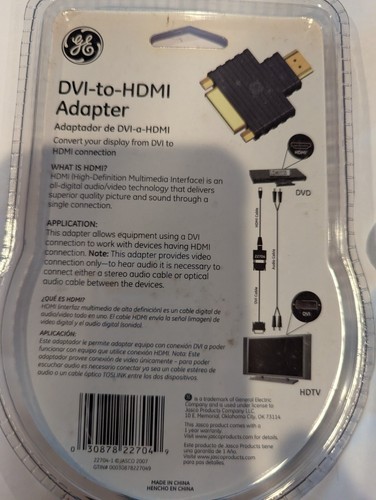 GE DVI male TO HDMI display converter adapter 22704 - Picture 2 of 2
