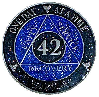 AA 42-Year Shiny Fancy Glitter Recovery Medallion, Alcoholics Anonymous Recover