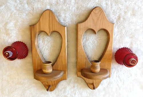 Vintage Wall Candle Holder Wood Hearts Set  2 Red Glass Votive Wall Hooks - Picture 6 of 7