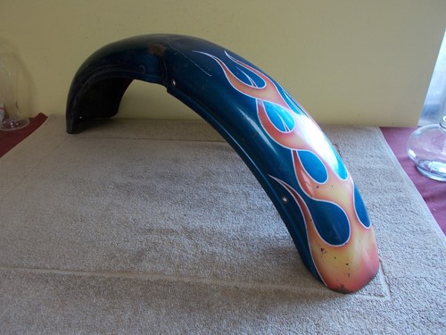 VINTAGE STEEL MOTORCYCLE FENDER W/ FLAMES HARLEY BOBBER RAT BIKE~ DENTED~