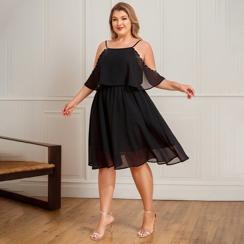 Plus Size Women Chiffon Square Neck Mini Dress Cold Shoulder Cocktail Party Gown - Bild 4 von 16