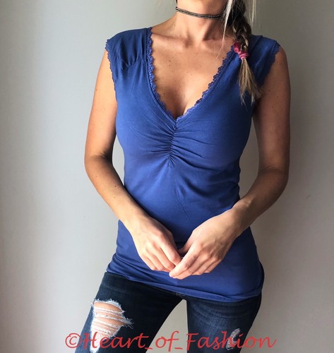 Camiseta sin mangas SEXY básica de corte bajo con cuello en V profundo y encaje manga gorra para mujer - Imagen 15 de 15