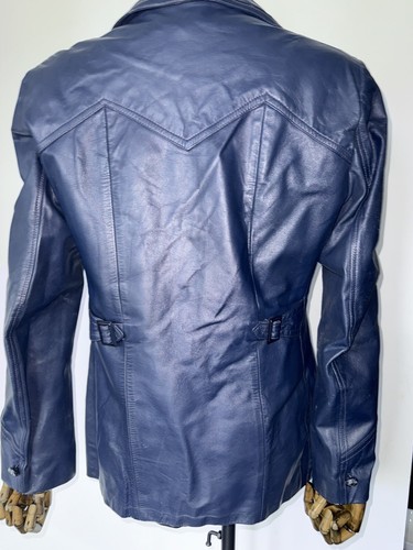 Vtg Mens70s Blue Leather Jacket Suit Size 38 40 Disco Dandy NOS Hipster Rocker M - Afbeelding 5 van 9