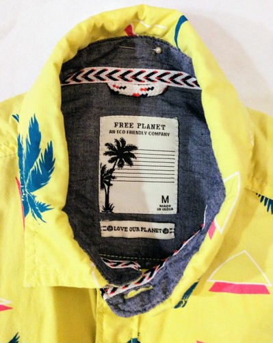 Retro Free Planet Button Up Shirt Men Size M Yellow Hawaiian Beach Palm SS Shirt - Picture 6 of 7