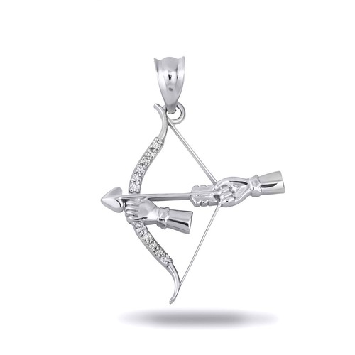 .925 Sterling Silver Bow & Arrow Archer CZ Cupid Love Pendant Necklace - Picture 1 of 4