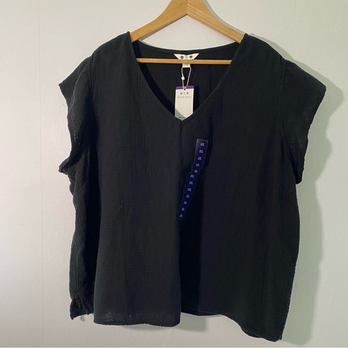 Three Dots Double Gauze Short Sleeve Top Black Size XXL - Picture 2 of 9
