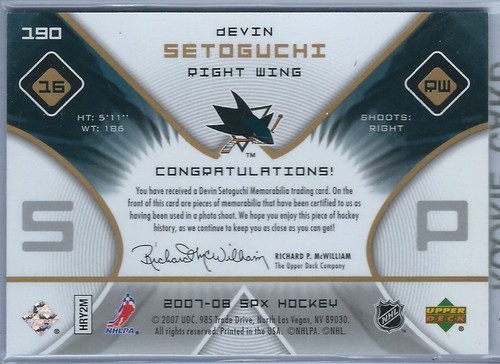 2007-2008 SPx Hockey Devin Setoguchi Sharks Rookie Jersey Card #0917/1599 - Picture 2 of 2