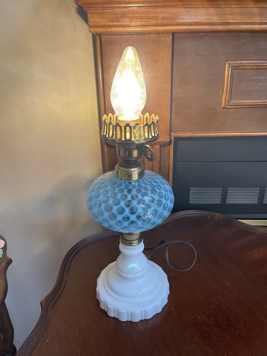 Vintage Fenton Blue Glass Coin Dot With Milk Glass Base 22” Boudoir  Table Lamp - Picture 7 of 13