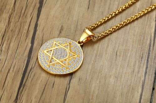 Men Titanium Stainless Steel Cubic Zircon Gold Hexagon Star Necklace 23.5" - Picture 3 of 6