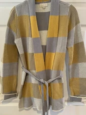 NWT Modcloth Cardigan Sweater Size L gold gray cream plaid belted wrap