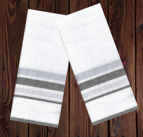 Bath Hand Towels 2 Piece Set Matching White Terry Gray Striped Design Bathroom - Picture 7 of 8