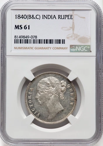 INDIA BRITISH VICTORIA 1840 RUPEE SILVER COIN UNCIRCULATED NGC CERTIFIED MS61