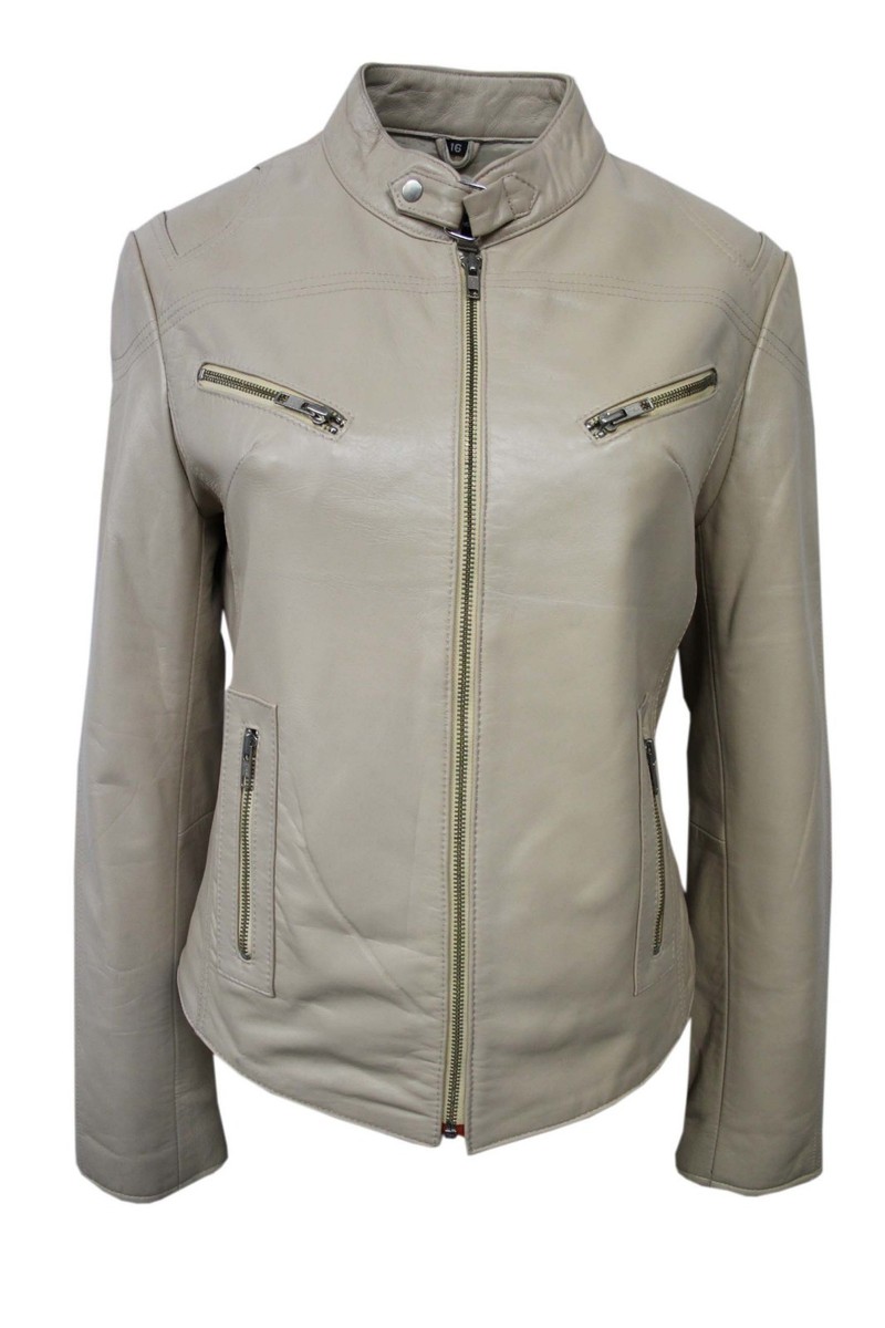 Luxury Ladies Leather Jacket Beige Real Italian Nappa Leather Biker Style Design