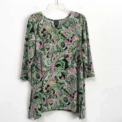 Clara Sun Woo Tunic Top S Green Paisley Side Slit 3/4 Sleeve Pullover Spring