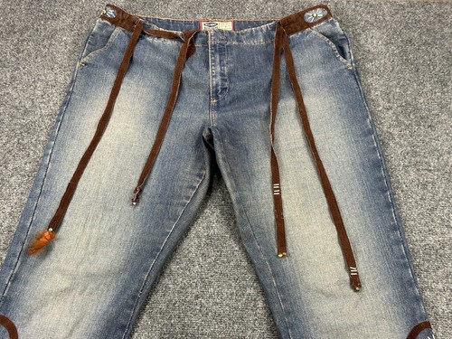 Vtg Old Navy Blue Jeans Native American Sz 35X32 Embellished Strappy Feathered - Picture 3 of 15