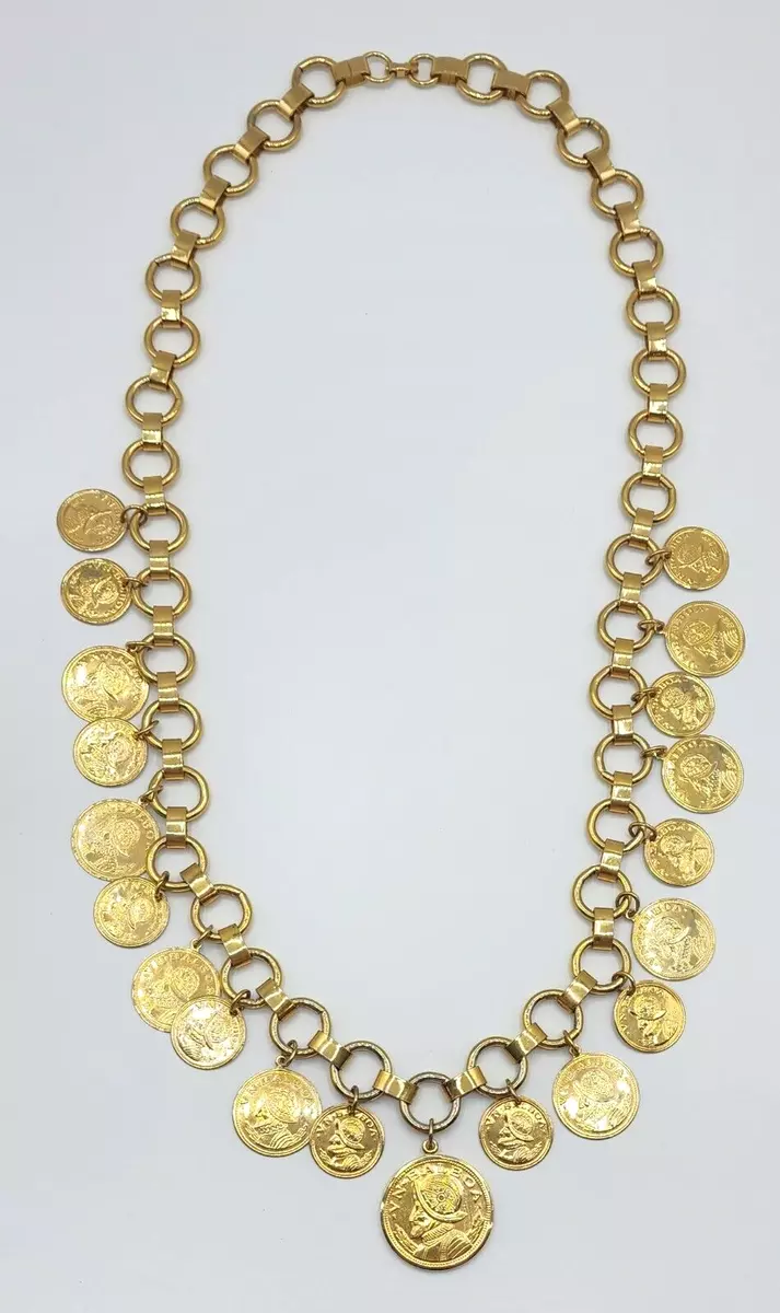 Vintage VN Balboa Gold Tone Spanish Coin Long Statement Necklace