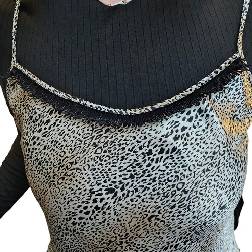 90s Medium Satin Leopard Print Cami Tank Black Suede Fringe Cream Champagne - Bild 2 von 11