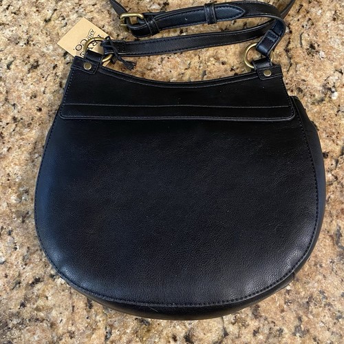 Frye & Co Black Faux Leather Crossbody Handbag Purse Brass Stamped Accent NWT - Picture 10 of 17