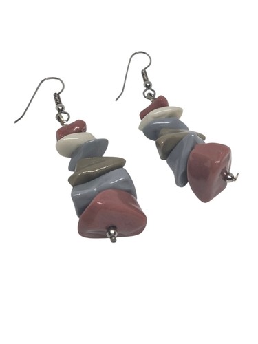 Chunky Stacked Stone Like Chip French Hook Pierced Earrings Camo Colors - Picture 14 of 18