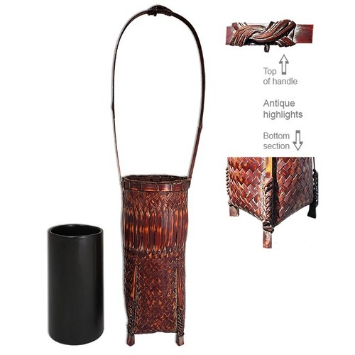 Japanese 17"H Rustic Weave Bamboo Vase Cylinder Shape/Made  in Japan - Picture 1 of 8