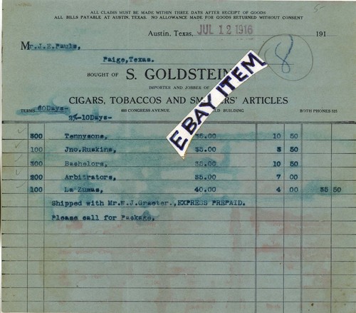 1916 BiLLhead AUSTIN TEXAS S. GOLDSTEIN Cigars Tobacco Smokers Articles CONGRESS - 第 1/1 張圖片