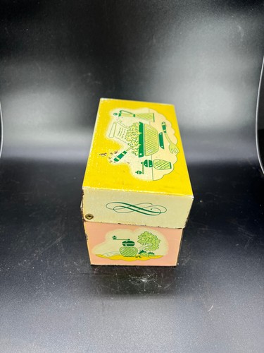 Caja de recetas clásica de la década de 1940 3 X 5" EE. UU. lata vacía metal amarillo verde rosa azul - Imagen 3 de 9