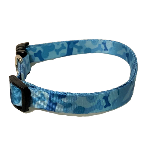 Handmade Blue Dog Bones Camouflage Dog Collar 5/8 Inch Wide Polyester Web - Picture 2 of 5