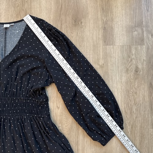 Gap Black Polka Dot Dress XL Smocked Waist Long Sleeve V-Neck Fit Flare NWOT - Picture 6 of 13