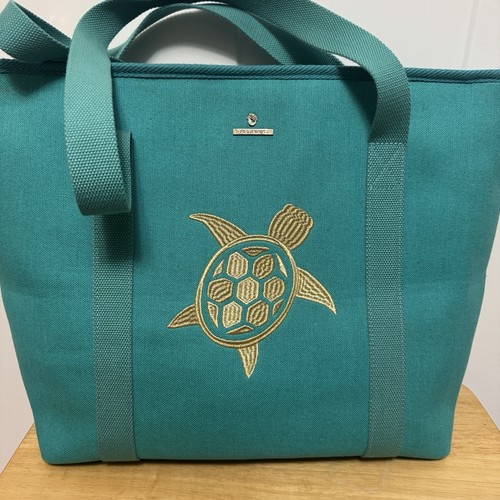 NEU Spartina 449 Tasche groß türkis blau Reißverschluss Canvas gefüttert bestickt Schildkröte - Bild 5 von 10