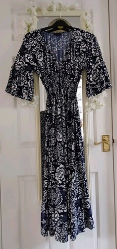 Pretty Blue White Floral Shirred Waist Boho Dress Midi Petite Maxi M L XL - Picture 2 of 12