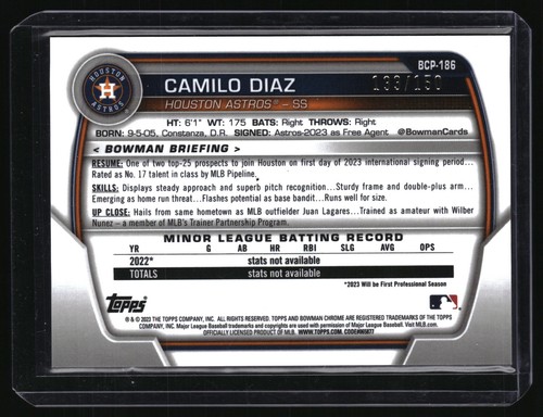 2023 Bowman Chrome Camilo Diaz Chrome Prospects Blue Refractor #BCP-186 Astros - Bild 2 von 2