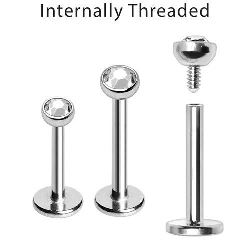 316L Stainless Steel Internally Threaded Flat Cubic Zirconia Top Labret ***** - Picture 3 of 6